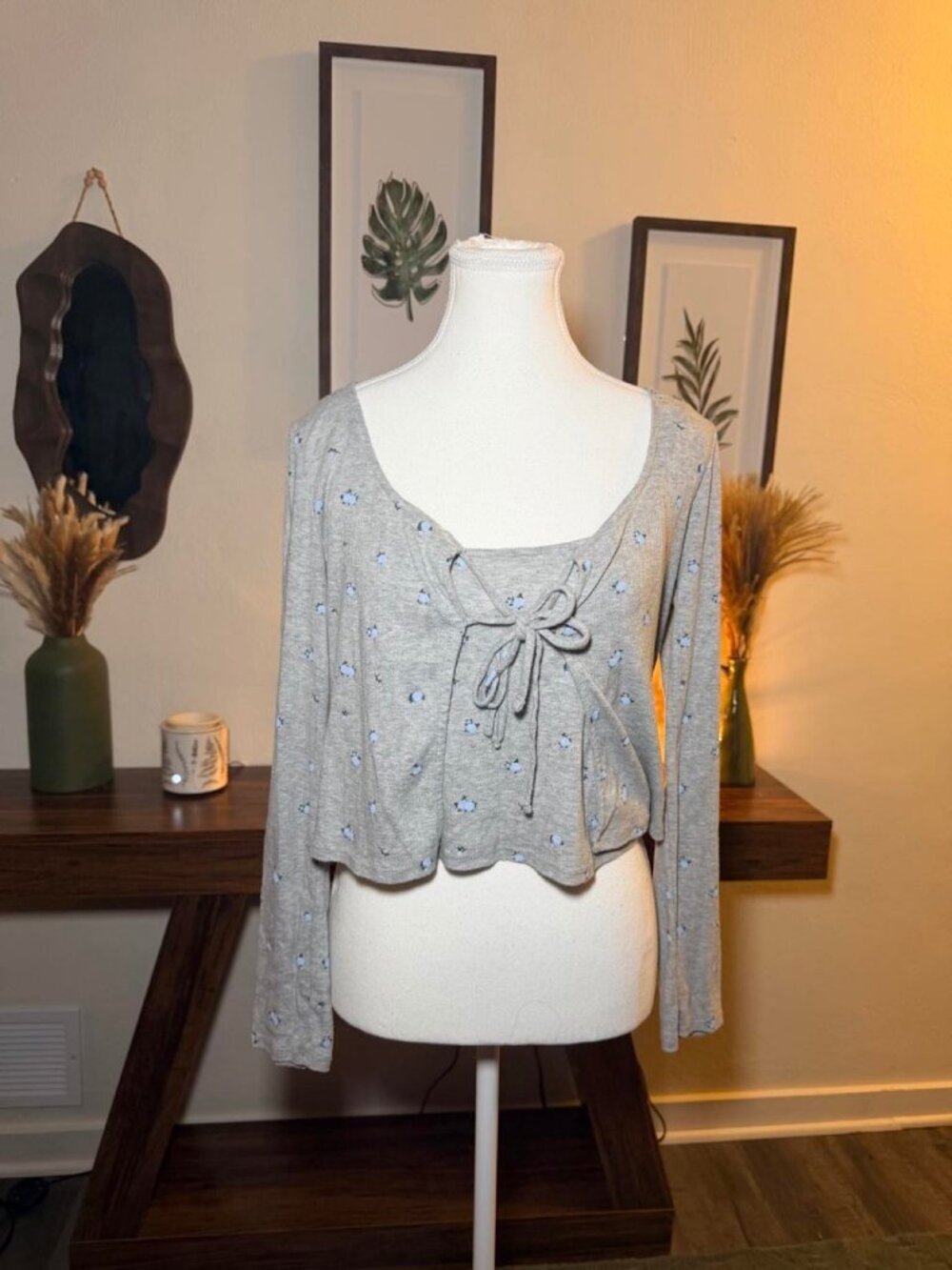 Mixed Threads Gray Floral Cropped Cardigan Cami Set Size L